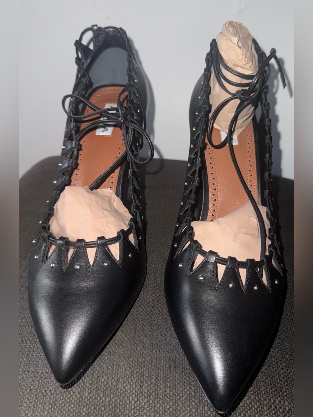 Alaïa Black Leather Lace-Up Studded Pointed Toe Pumps EU 41 New w/ Box